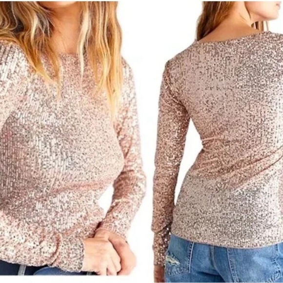 Free People Intimately Long Sleeve Sequin Gold Rush Top Rose Gold Size S NWT - Picture 3 of 9